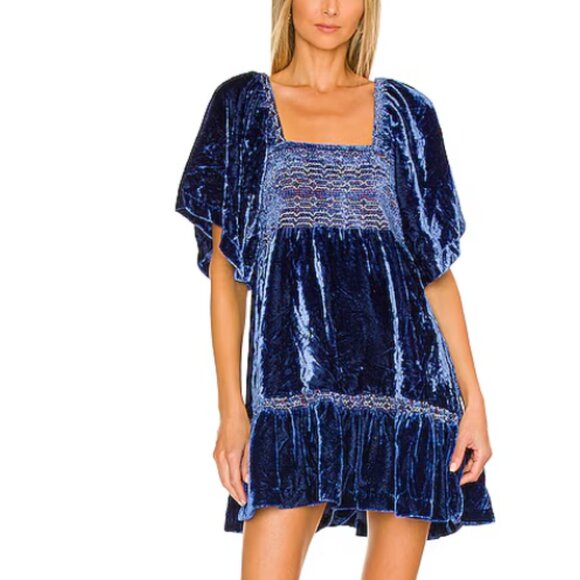 Free People Large Blue Crushed Velvet Easy To Love Mini Dress Boho Party Luxe - Picture 1 of 14